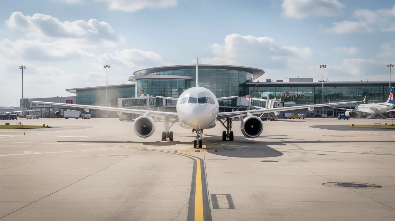 A commercial aircraft, specifically a Boeing 737-800, is taxiing on a wide airport taxiway with terminal buildings visible in the background. The scene highlights the spacious interior and modern systems of the plane, emphasizing its passenger capacity and fuel efficiency features.