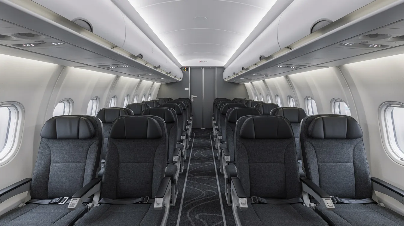 The image depicts the interior of a commercial aircraft cabin, showcasing rows of passenger seats in a single-aisle configuration, complete with overhead bins. The spacious interior is designed for passenger comfort, reflecting modern systems and advanced technology used in aircraft like the Boeing 737, which is known for its fuel efficiency and seating capacity.