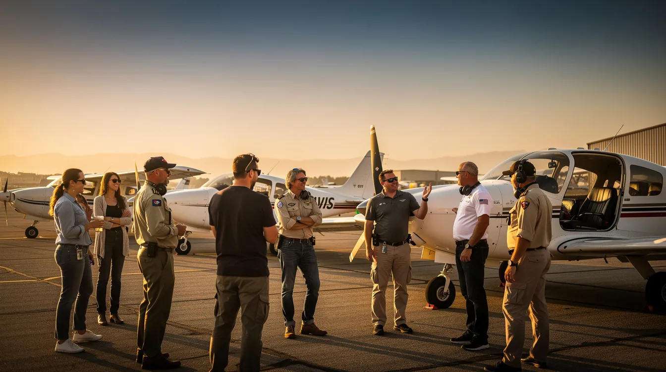 A group of pilots and aviation enthusiasts stands together near parked club aircraft on an airfield, illuminated by the warm glow of golden hour sunlight under an open sky. This gathering reflects their shared passion for flight training and personal planes, highlighting the vibrant community of the Golden State Flying Club in San Diego.