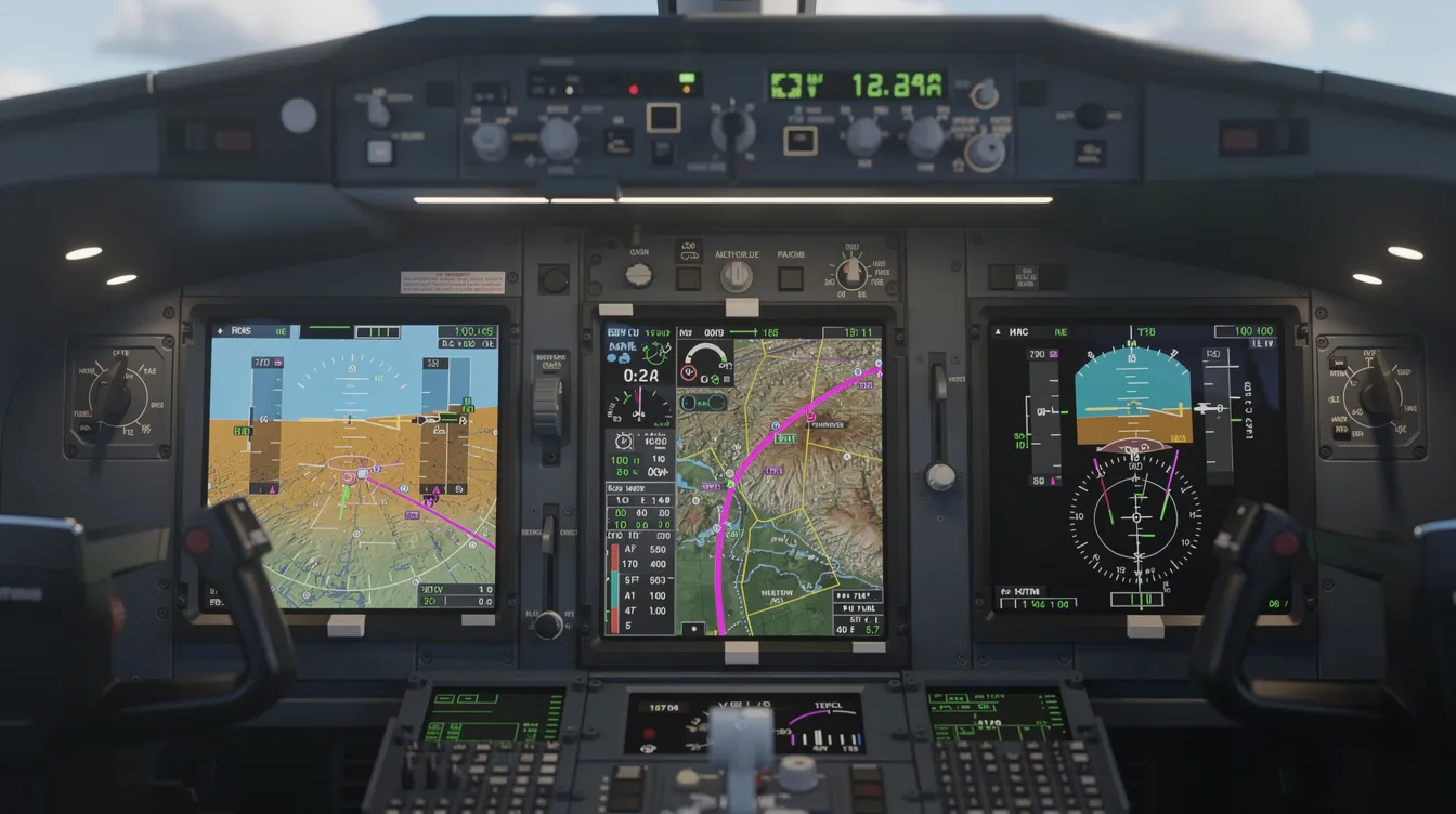 The image features a close-up view of a modern glass cockpit instrument panel, showcasing GPS navigation displays, altitude indicators, and heading information, all essential for flight training. This high-tech setup is commonly found in club aircraft used by students and experienced instructors at flying clubs, such as the Golden State Flying Club in San Diego.