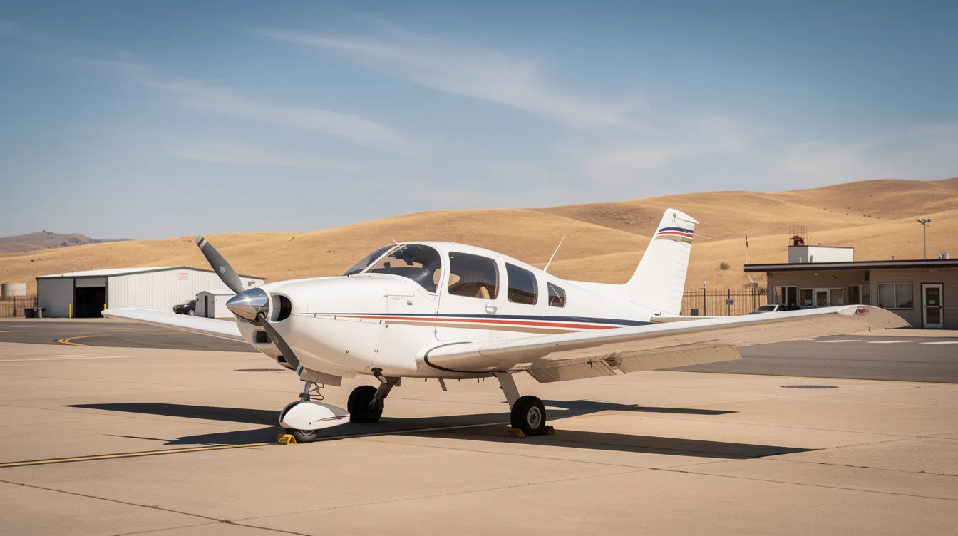 A low-wing single-engine aircraft is parked on a sunny tarmac at a small general aviation airport, with dry hills and a clear blue sky in the background. This scene represents a perfect day for flight training at the Golden State Flying Club, where aspiring pilots can learn to fly and work towards their private pilot license.