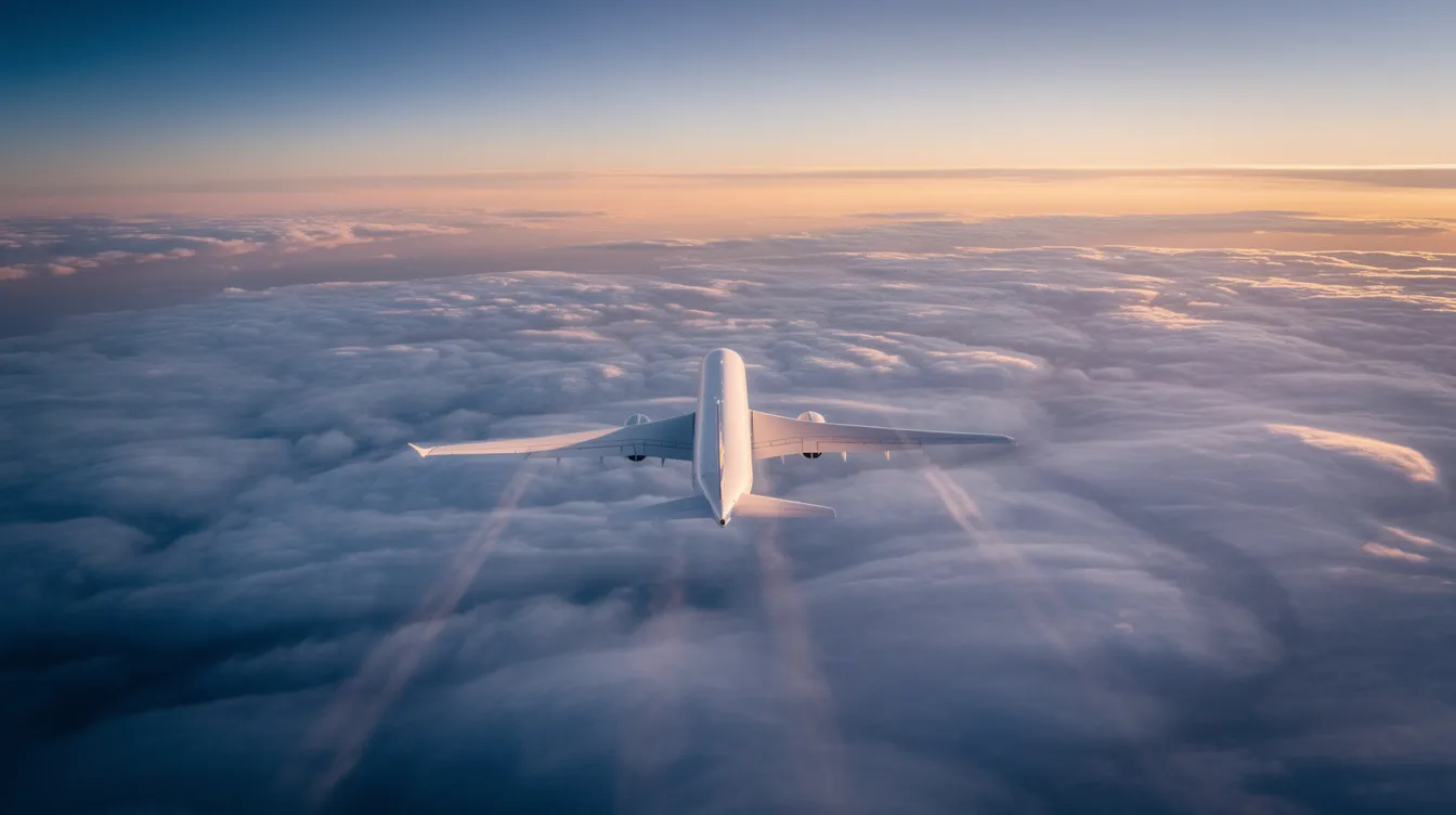 An aerial photograph captures a Boeing 737 cruising at high altitude above a cloud layer, with sunlight illuminating the horizon. This image highlights the aircraft's aerodynamic design and advanced technology, showcasing its fuel efficiency and impressive cruise speed.