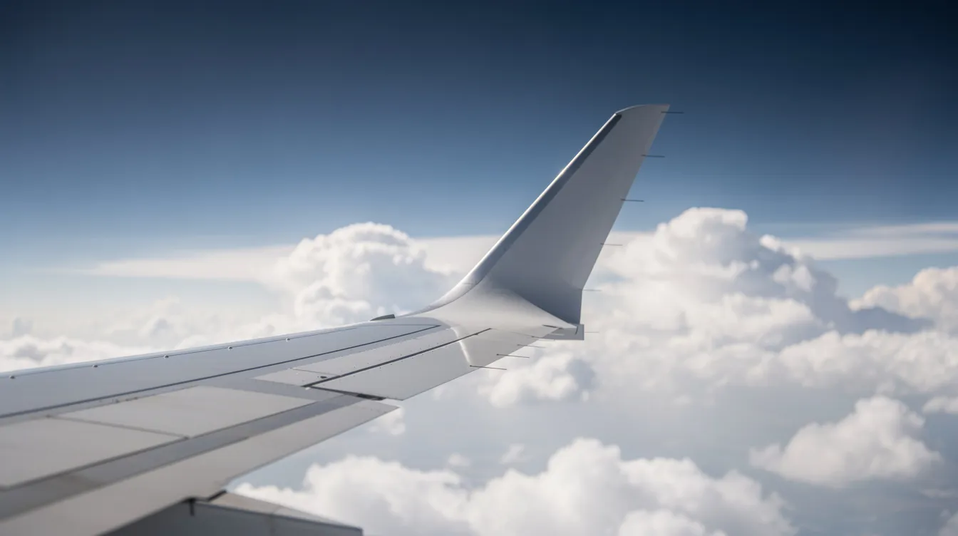 A close-up photograph captures the sleek winglet of a Boeing 737 800, showcasing its aerodynamic design against a backdrop of fluffy white clouds and a vibrant blue sky. This advanced technology enhances fuel efficiency and reduces drag, contributing to the aircraft's proven track record in both passenger comfort and environmental performance.