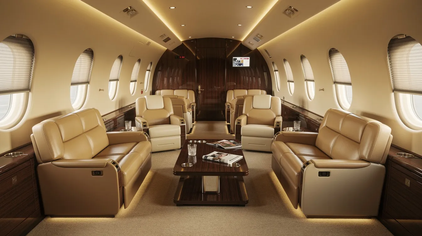 The image depicts the interior of a spacious VIP-configured aircraft cabin, featuring luxurious leather seats arranged in a lounge layout, complemented by soft ambient lighting that enhances passenger comfort. This sophisticated design showcases the advanced technology and cabin features typical of modern airliners like the Boeing 737, providing a premium travel experience.