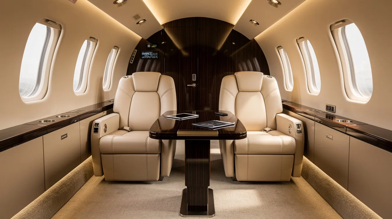 The image shows the interior of a luxurious private jet cabin featuring leather club seats arranged to face each other around a small conference table, providing an intimate and comfortable space for discussions. This elegant setting emphasizes personal space and comfort, ideal for long haul international flights or business meetings in the sky.