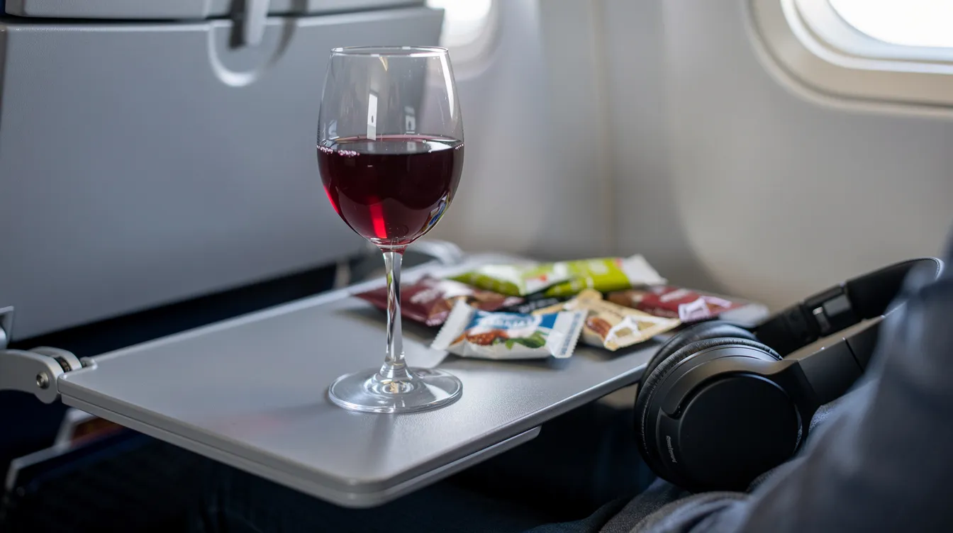 A close-up view of an airplane tray table features a glass of wine, snack packets, and headphones, highlighting the comfort and amenities available in Delta's premium seating options for long haul international flights. The scene conveys a sense of relaxation and enjoyment while traveling in Delta Comfort or Premium Select class.