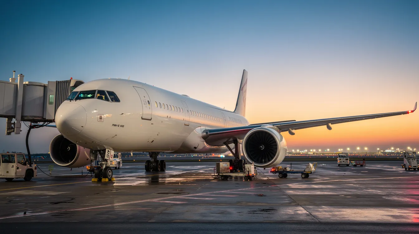 The image shows a wide-body commercial aircraft from Delta Airlines parked at an airport gate during dusk, with the soft glow of sunset illuminating the scene. This aircraft is designed for long-haul international flights, featuring spacious delta comfort seats and dedicated overhead bin space for passenger convenience.
