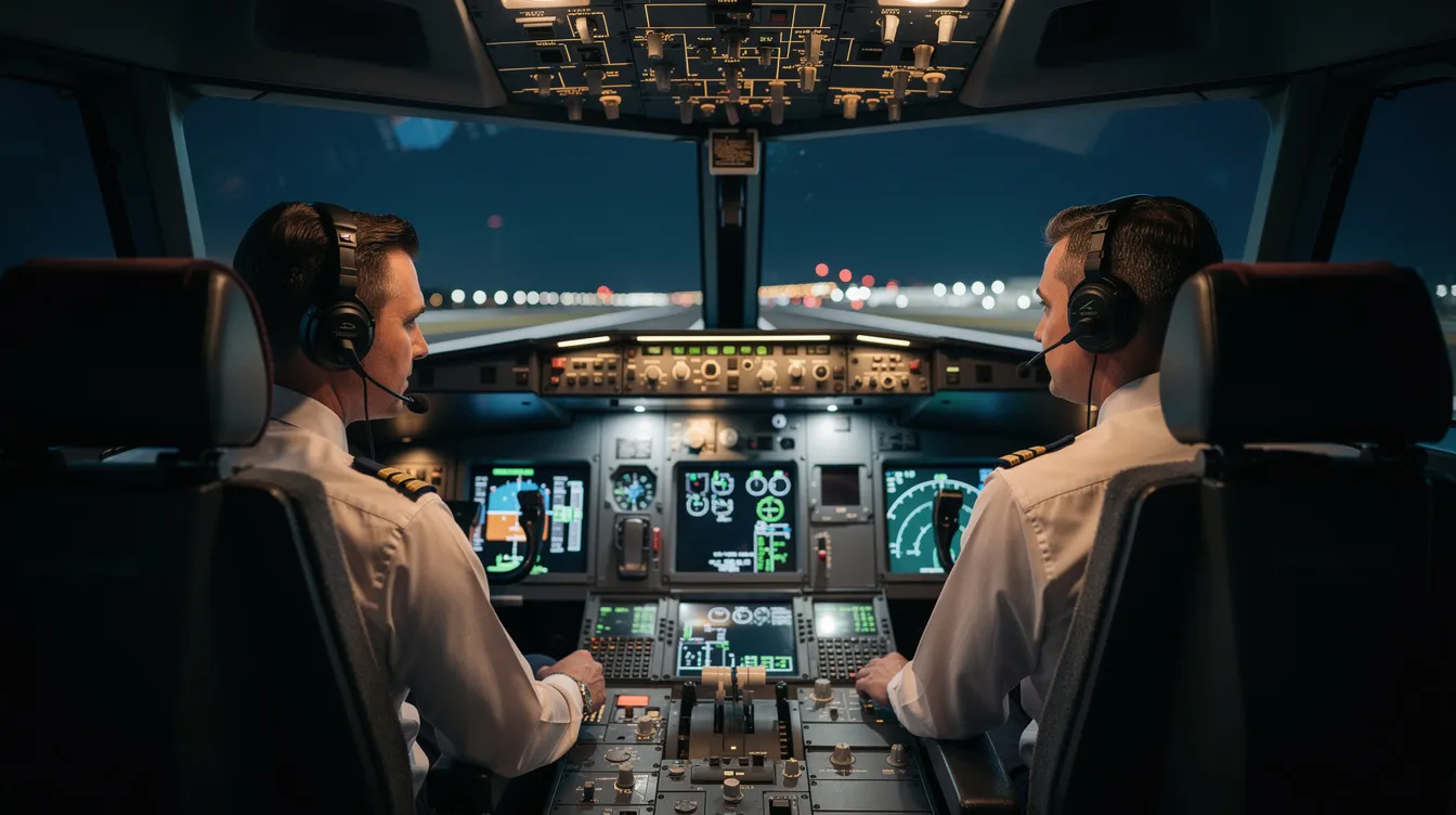 The image shows two pilots seated in a flight simulator cockpit, surrounded by illuminated instrument panels that display various flight controls and readings. This realistic setup is designed to train flight crews on operating Boeing aircraft, ensuring aviation safety during takeoff and landing scenarios.