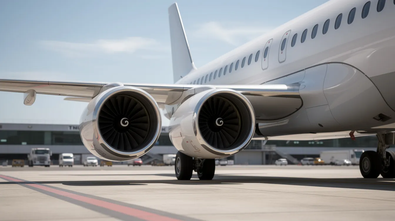 The image shows two jet engines mounted under the wing of a narrow-body Boeing aircraft parked on the ground, highlighting the design and engineering of modern aviation. This configuration is typical for commercial planes, ensuring safety and efficiency during flight operations.