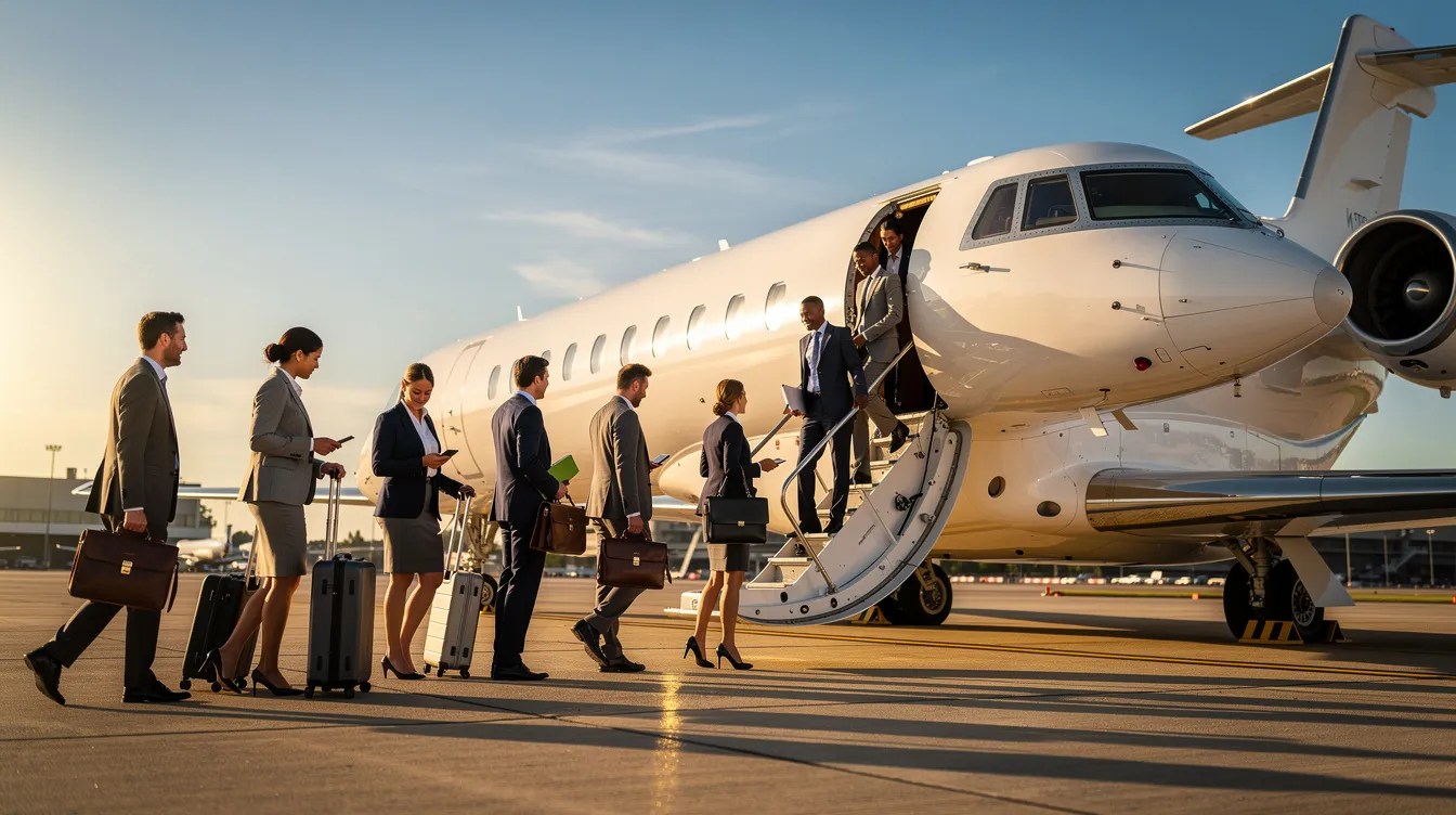 A group of business professionals is boarding a large Boeing aircraft on a sunny tarmac, with crew members preparing for the flight. The scene captures the hustle and bustle of aviation as passengers approach the business jet, ready for takeoff.