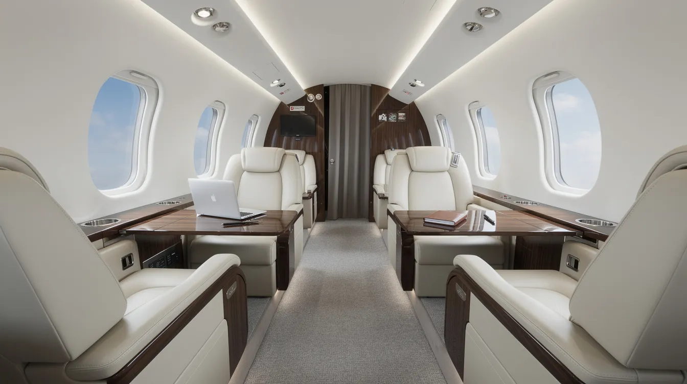 The image depicts the luxurious interior of a private jet cabin, featuring plush leather club seats and convenient fold-out work tables, ideal for business travelers flying from New York to Las Vegas. The design emphasizes premium amenities, ensuring a comfortable and efficient travel experience.