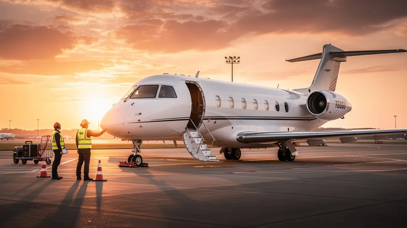 A private jet is parked on the tarmac at sunset, with a ground crew nearby preparing for departure. The scene showcases the elegance of private aviation, highlighting the convenience of private jet charter flights from New York to Las Vegas.
