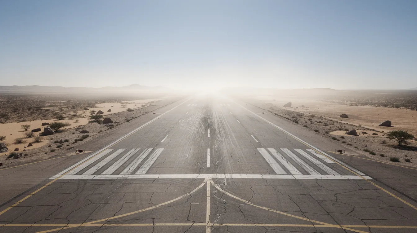 A wide military runway stretches into the distance across the arid desert landscape of Oman, flanked by sparse terrain and shimmering heat haze, indicative of a US military presence in the region. This air base, likely part of operations supporting American forces, serves as a crucial facility for maintaining air base operability and military operations in the Middle East.