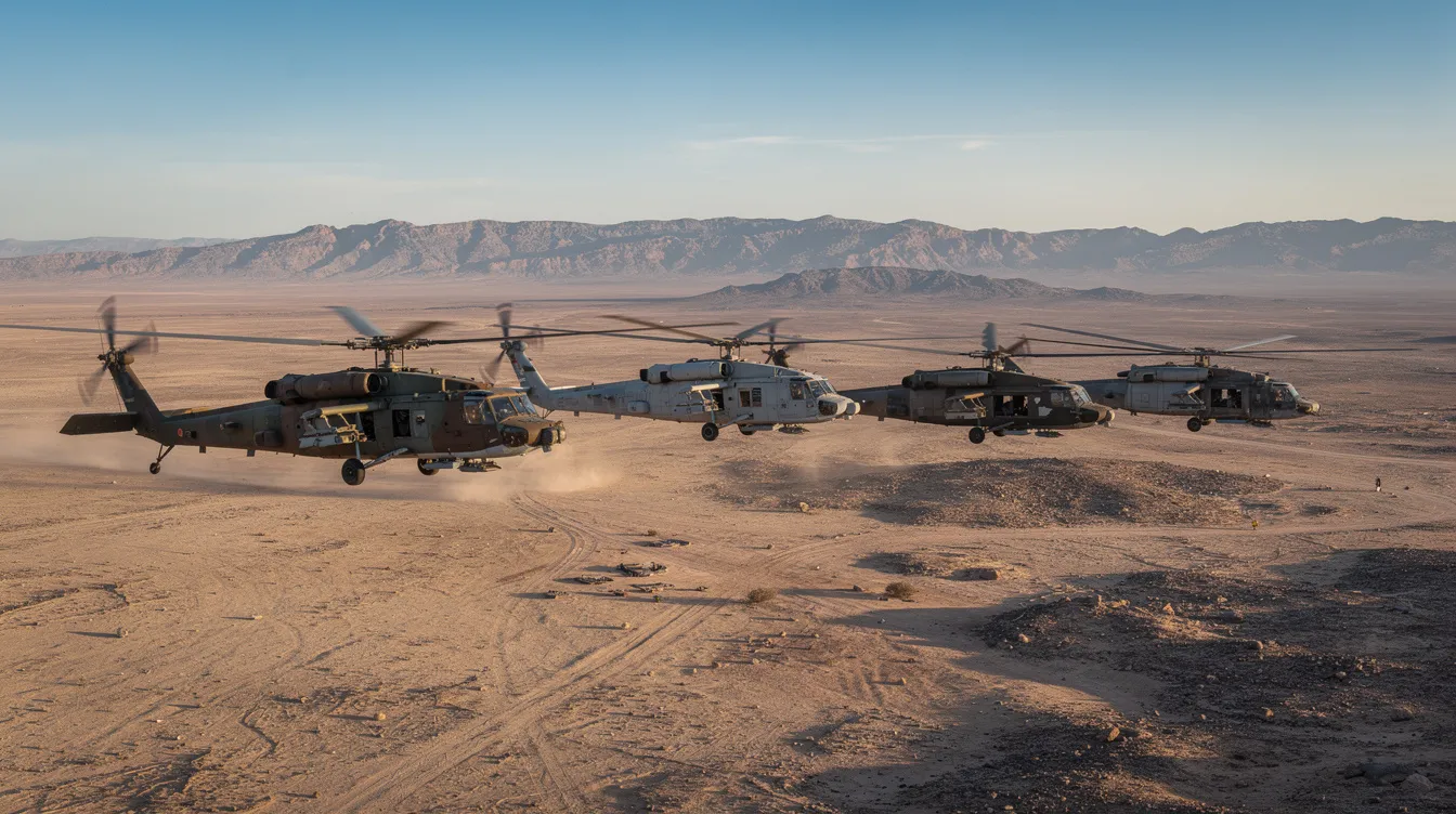 A formation of military helicopters is flying over an arid desert landscape, with rugged mountains visible in the background, reflecting the presence of U.S. military operations in the Middle East. This scene captures the strategic mobility and air force capabilities essential for maintaining military readiness in the region.