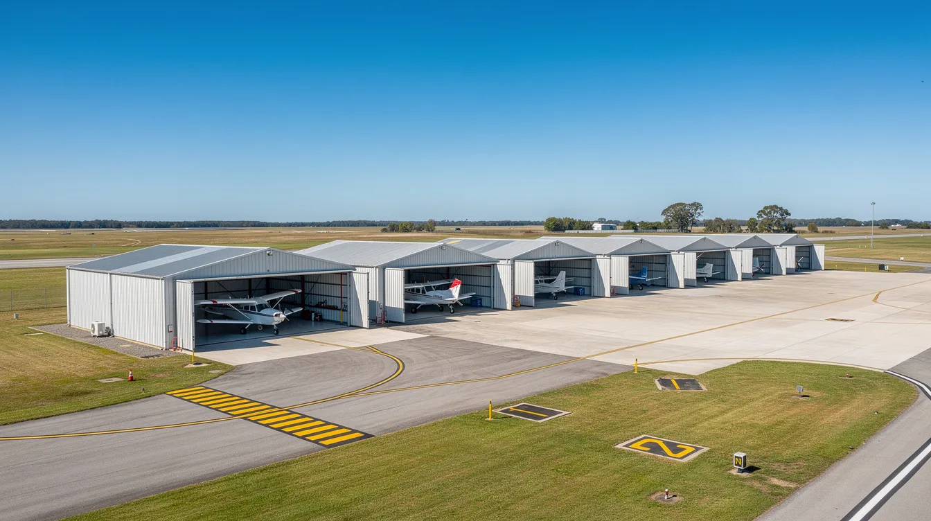 The image shows several small aircraft hangars at a regional airport, with a clear blue sky overhead, highlighting the space available for general aviation. This scene reflects the environment where private owners manage their aircraft, including considerations for storage costs and maintenance expenses.