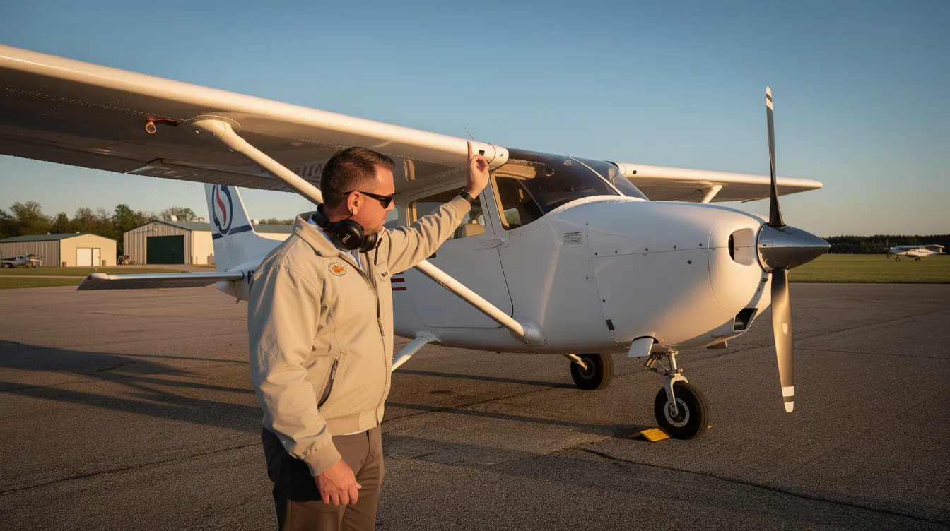 A pilot is seen conducting a preflight walkaround inspection on a high-wing single-engine airplane, specifically a Cessna 182, under the bright sun of a clear morning. This inspection is crucial for ensuring safety and may influence the aircraft's operating costs, including maintenance and annual inspection expenses.