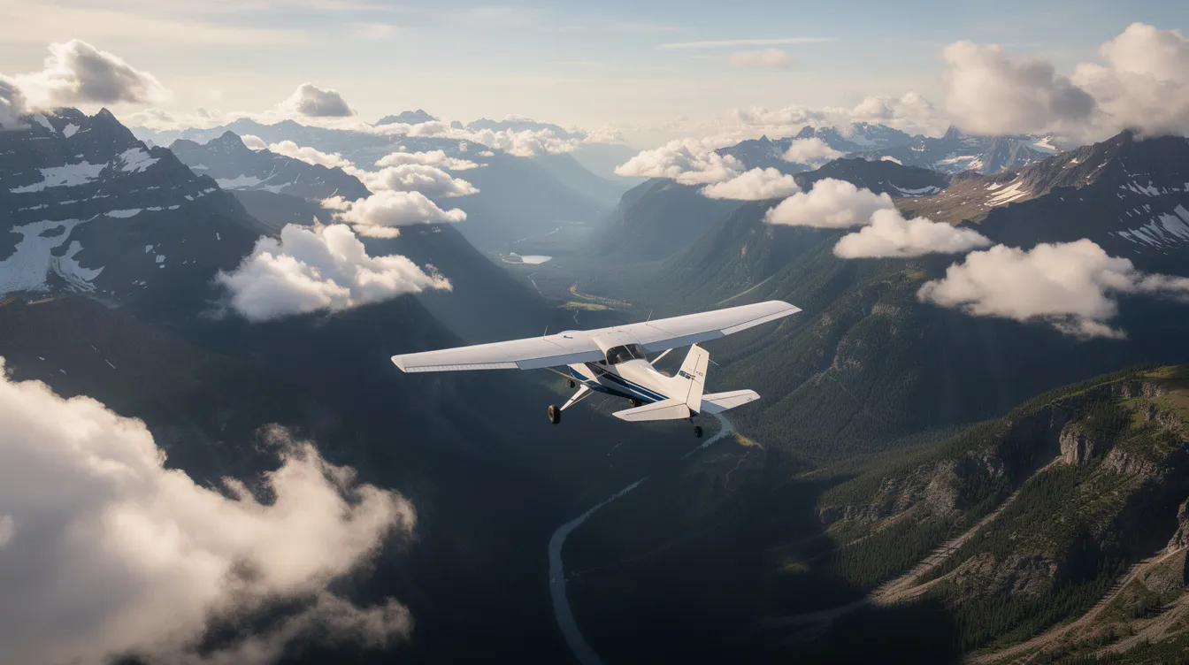 A small single-engine aircraft, specifically a Cessna 182T Skylane, is soaring above a picturesque mountain valley adorned with scattered clouds. This professionally flown plane showcases its proven reliability and beautiful paint as it glides gracefully through the clear blue sky.