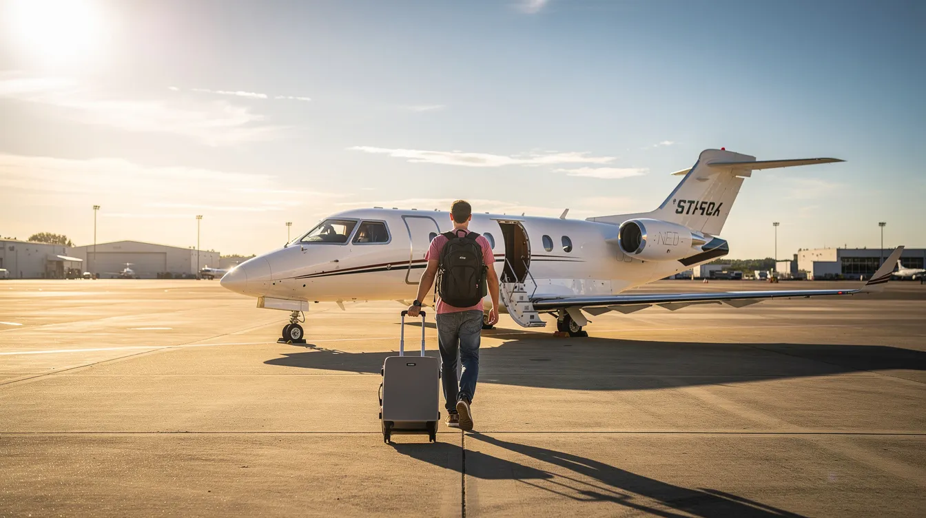 A traveler is walking towards a small, well-equipped Cessna 182T Skylane aircraft on a sunny airport tarmac, showcasing its beautiful paint and single-engine design. The scene captures the essence of aviation, highlighting the aircraft's proven reliability and readiness for flight.
