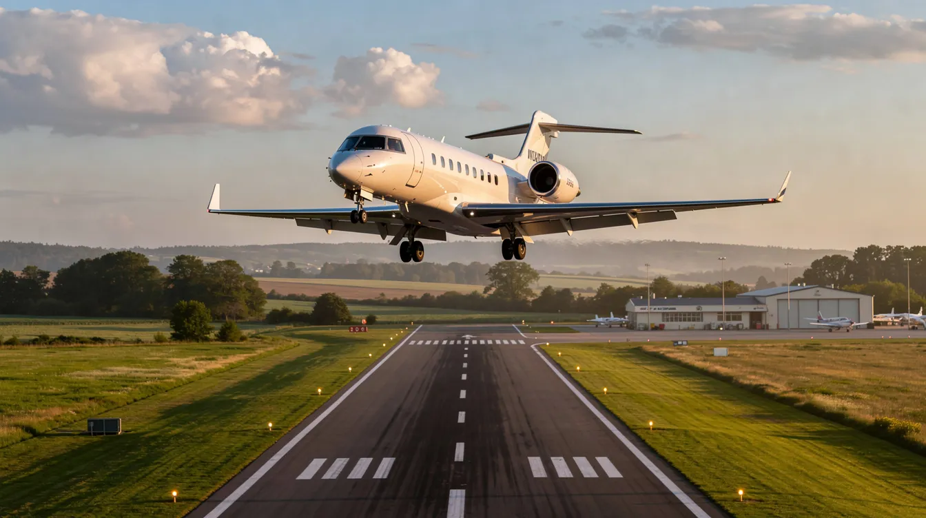 A small private jet is approaching a regional airport runway, surrounded by lush green landscapes, showcasing the elegance of business aviation. This scene highlights the aircraft's advanced technology, likely powered by a GE Honda HF120 engine, known for its fuel efficiency and outstanding performance.