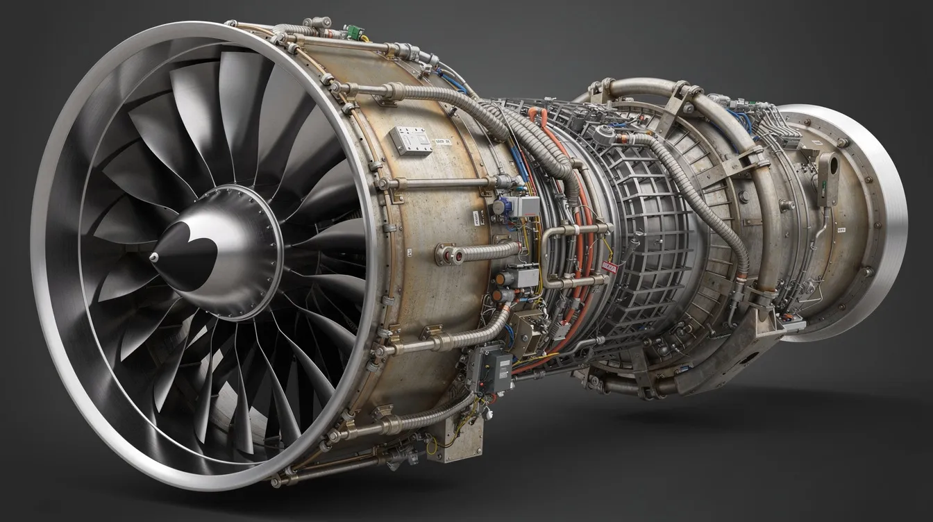 The image depicts the GE Honda HF120 turbofan engine, showcasing its compact design and innovative turbine blade technology. This high-performance engine, recognized for its fuel efficiency and reduced operating costs, is ideal for light business jets and delivers outstanding power and reliability in aviation.