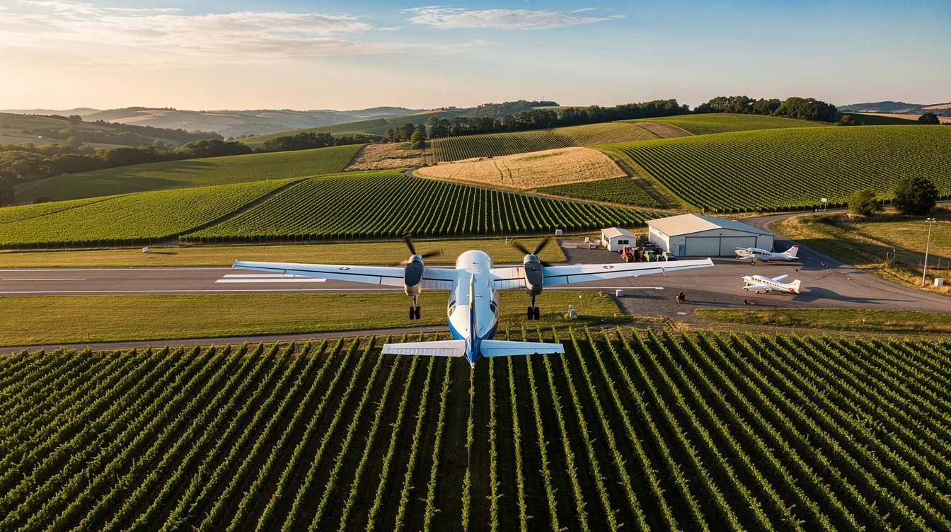 A turboprop aircraft is descending towards Lodi Airpark, with rows of lush grapevines stretching across the landscape below. The small airfield is situated in lower Sacramento, California, surrounded by a scenic view of the countryside.