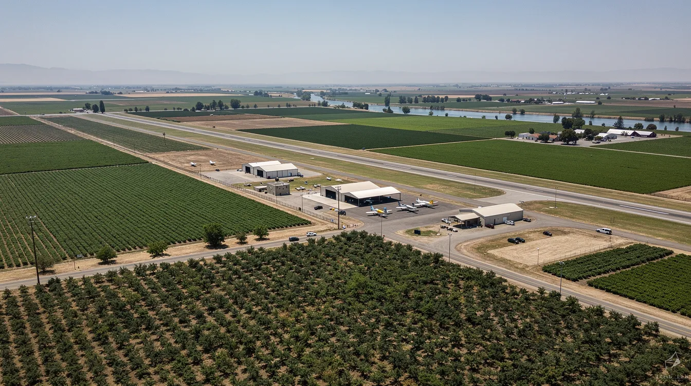 An aerial view of Lodi Airport, nestled in California's Central Valley, showcases the small rural airport surrounded by vibrant green agricultural fields. The image highlights the runway and the segmented circle, emphasizing the airport's location near nearby airports such as Rancho Murieta.