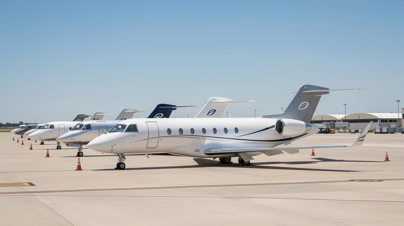 The image shows multiple private jets parked on an airport tarmac under a clear blue sky, highlighting the diverse range of modern private jet models. These aircraft, known for their outstanding safety records and advanced safety features, represent the pinnacle of private aviation and the commitment to prioritizing passenger safety.