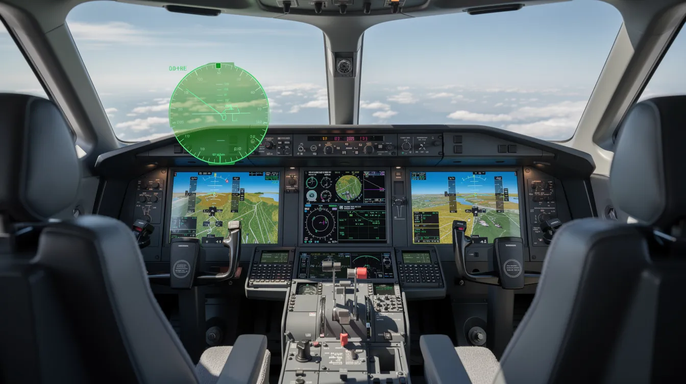 The image shows a modern business jet cockpit featuring advanced glass displays and a head-up display, designed to enhance pilot situational awareness and ensure flight safety. This cockpit environment is equipped with innovative safety features, characteristic of the safest private jets in the world, including a digital flight control system and enhanced vision system.