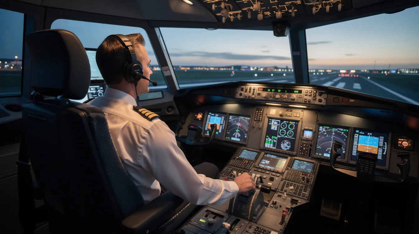 The image shows a pilot immersed in a flight simulator, engaged in recurrent training to enhance their situational awareness and proficiency. This advanced training environment is crucial for ensuring the safety and performance of modern private jets, such as the Dassault Falcon 8X, which are known for their innovative safety features and outstanding safety records.