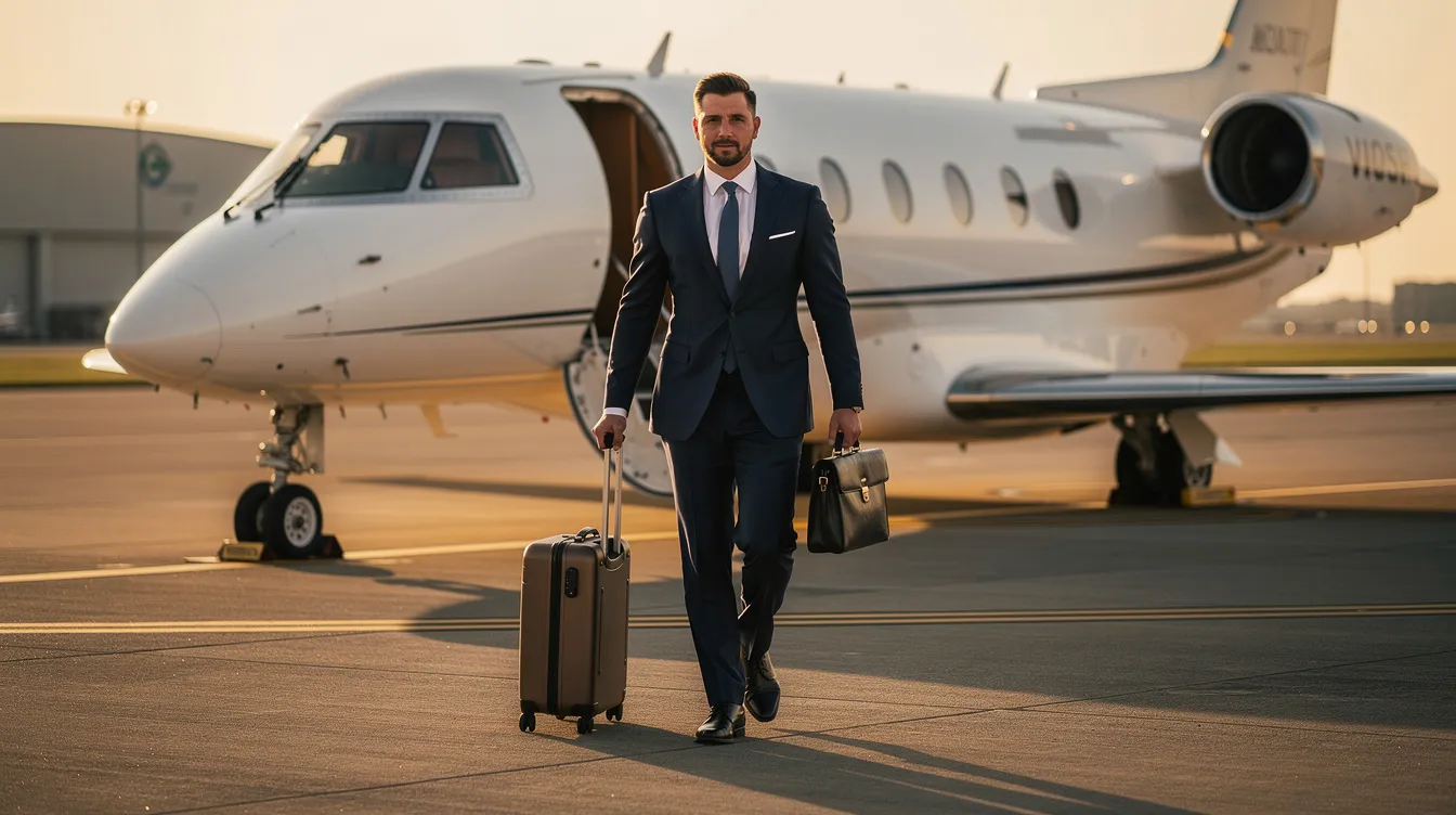 A business professional confidently walks toward a private jet on a runway, holding luggage in hand, symbolizing the seamless experience of private travel. This image captures the essence of aircraft management and the dedicated team behind ensuring a safe and efficient flight for clients.