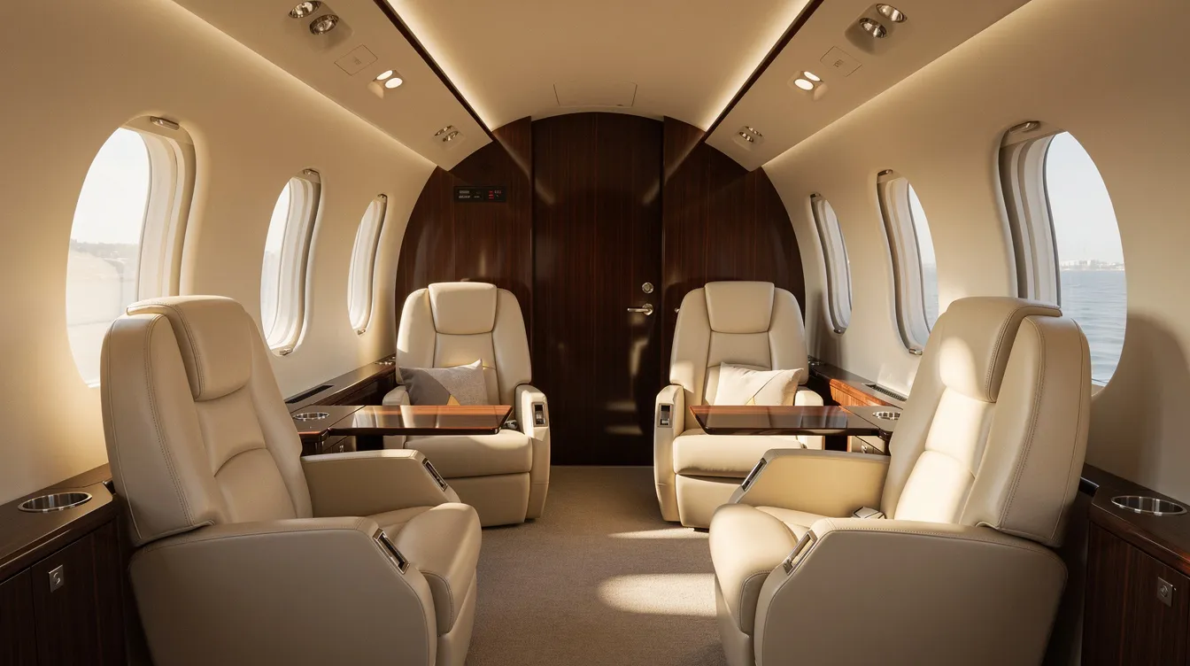 The image showcases the luxurious interior of a private jet cabin, featuring cream leather seats and elegant wood accents, illuminated by natural light streaming through oval windows. This serene space exemplifies the high standards of comfort and safety expected in the private travel industry, ensuring a seamless experience for clients and their families.