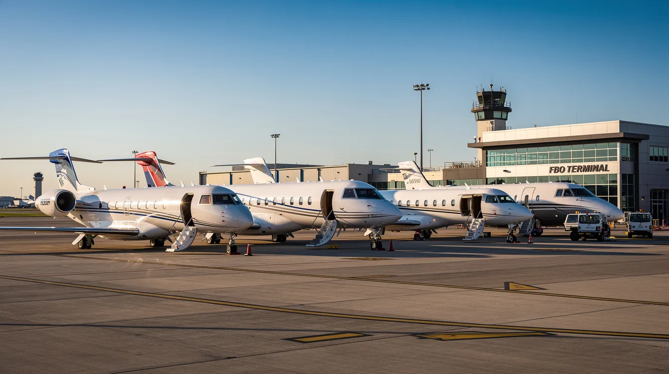The image depicts several private jets of varying sizes parked at a fixed-base operator facility on a clear day, showcasing the diverse options available for clients seeking seamless private travel experiences. This scene highlights the professionalism and safety standards upheld by the jet agency, ensuring a dedicated team is ready to assist with aircraft management and scheduling for future flights.