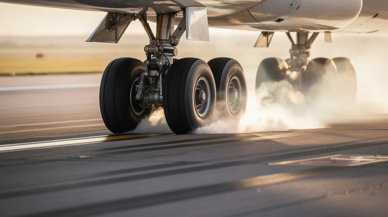 The image shows a close-up view of the multi-wheel main landing gear of a large commercial aircraft, specifically the Airbus A380, as it makes contact with the runway during landing. This landing gear is designed to support the maximum landing weight and ensure safe touchdown for the largest passenger aircraft in commercial aviation.