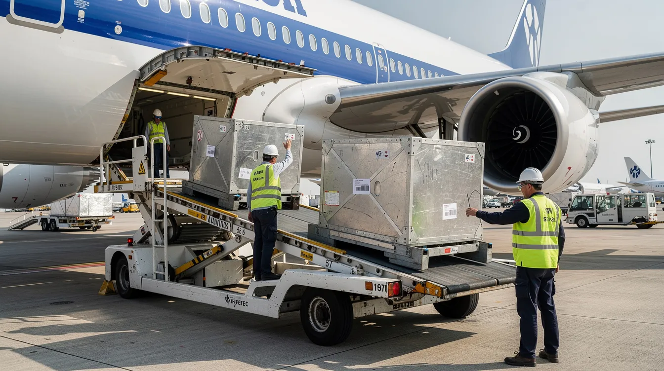 The image shows ground crew members loading cargo containers into the belly of a large Airbus A380, the largest passenger aircraft, on an airport ramp. The aircraft's significant weight capacity and advanced aerodynamics allow it to accommodate a maximum payload for long haul flights, ensuring efficient commercial aviation operations.
