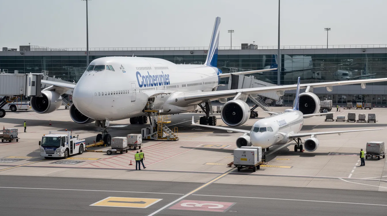 The image depicts a large Airbus A380, the largest passenger aircraft, parked next to a smaller twin-engine widebody commercial airliner at an airport gate, highlighting the significant size difference between the two aircraft. The A380, known for its impressive passenger capacity and two passenger decks, showcases its four engines and advanced aerodynamics, while the smaller aircraft emphasizes its compact design.