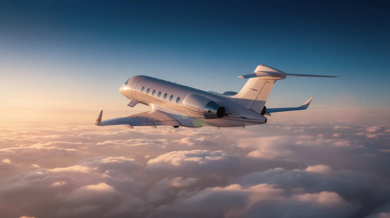 A sleek mid-size private jet is climbing above fluffy clouds during golden hour, illuminated by a warm golden light against a clear blue sky. The image captures the elegance and power of the aircraft as it ascends, showcasing its design and capabilities in commercial aviation.