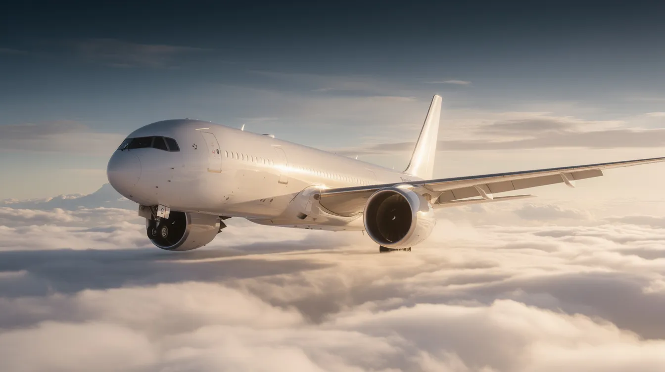 A wide-body twin-engine jet aircraft soars above the clouds, with sunlight glinting off its wings, showcasing the sleek design typical of modern commercial aircraft like the Boeing 737 Max. This impressive aircraft is designed for fuel efficiency and passenger comfort, reflecting the advancements in engine technology and aerodynamic improvements in today's aviation industry.