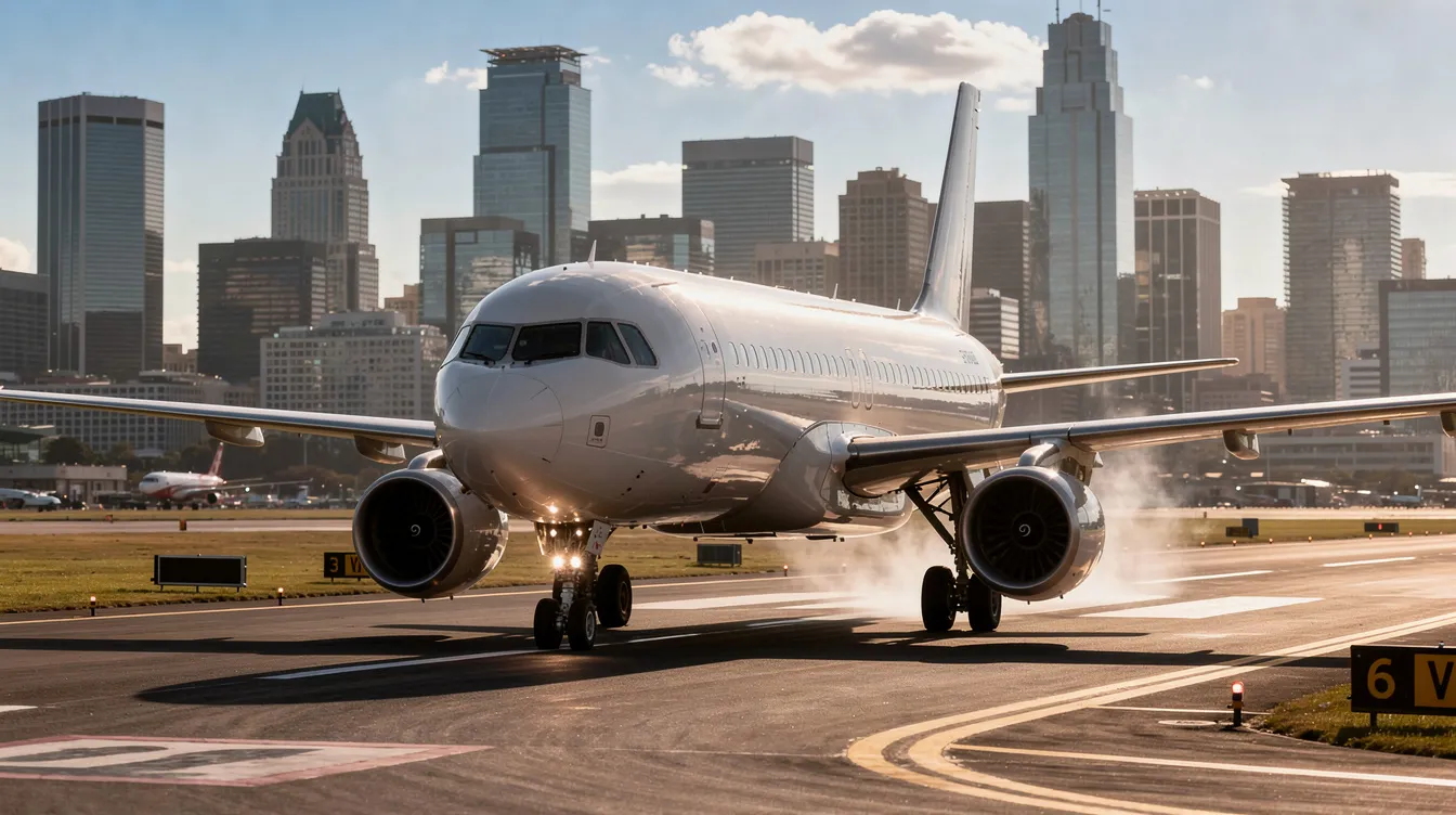 A single-aisle commercial jet aircraft, resembling a Boeing 737, is taxiing on a runway with a vibrant city skyline in the background, showcasing the modern design and fuel-efficient engines typical of contemporary commercial airliners. The scene captures the essence of air travel, highlighting the aircraft's role in connecting urban centers.