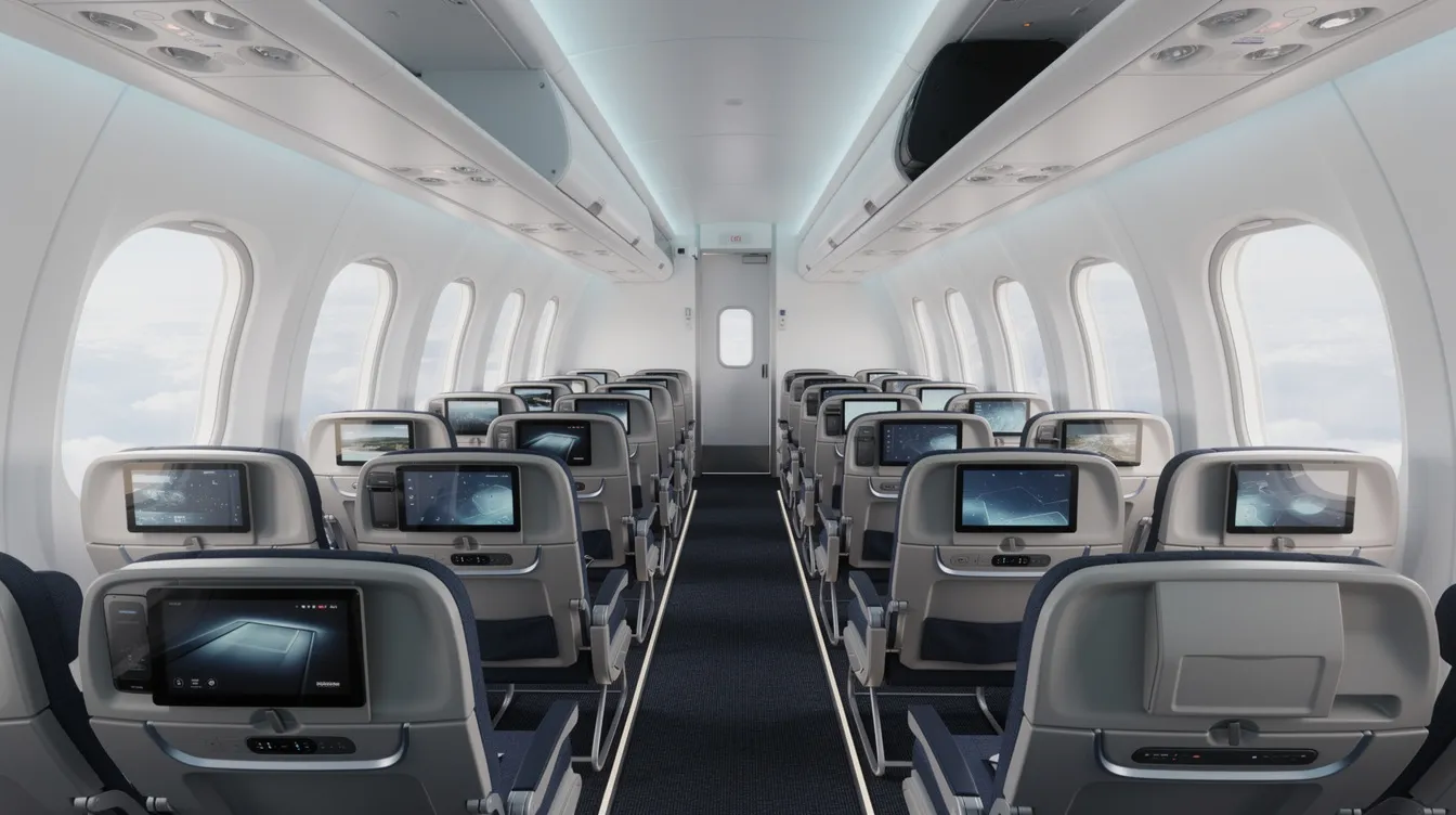 The image depicts the interior of a modern widebody aircraft cabin, featuring rows of comfortable seats illuminated by soft ambient lighting, and large windows that enhance the passenger experience during long haul flights. The layout includes two aisles, typical of twin aisle aircraft, allowing easy movement throughout the cabin.