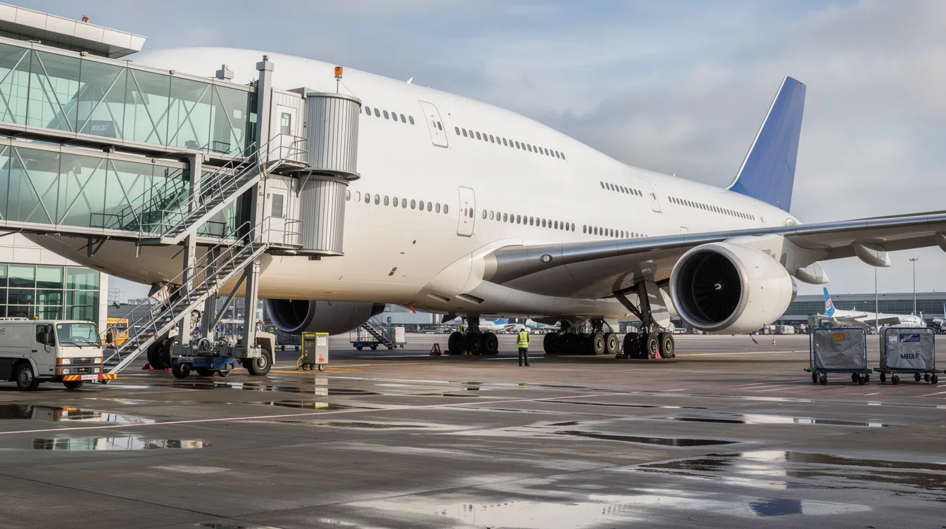 A massive double-deck Airbus A380, the world's largest passenger airliner, is parked at an airport gate with jet bridges connected to both the upper and lower decks, ready to accommodate passengers for long haul flights. The widebody aircraft features a wider fuselage and two aisles, enhancing passenger comfort during air travel.