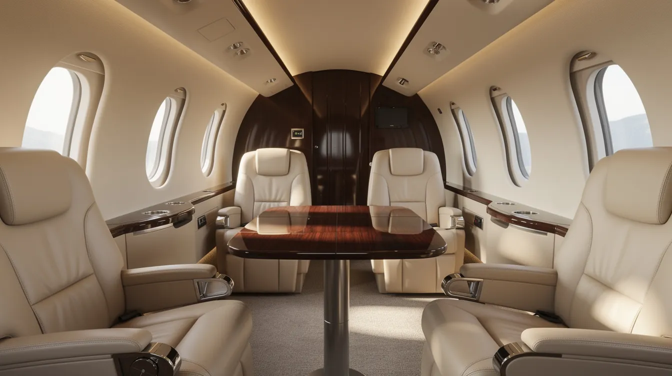 The image depicts the interior of a midsize private jet cabin, featuring luxurious leather seats and a polished wood table, designed for the comfort of travelers. This elegant setting highlights the amenities offered by a private charter, making it an ideal choice for business or leisure trips.