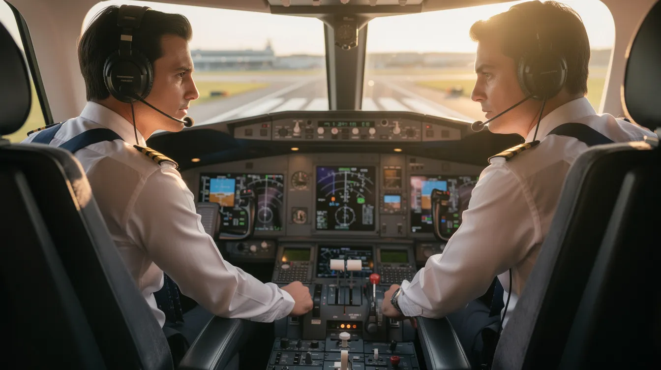 Two pilots are seated in the cockpit of a private jet, attentively reviewing the flight instruments and preparing for takeoff, showcasing the unwavering commitment to safety and efficiency that defines worldwide jet charter services. The cockpit, equipped with advanced aviation technology, reflects the luxury and professionalism of private jet travel.