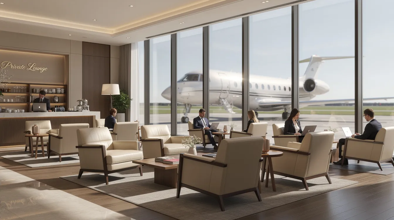 The image depicts the interior of a luxurious private aviation terminal lounge featuring comfortable seating arrangements and large windows that provide a stunning view of the runway, embodying the essence of worldwide jet charter and redefining private luxury charter for travelers. This inviting space reflects the company's unwavering commitment to safety and efficiency in luxury travel.