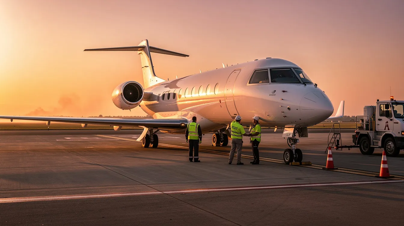 A large private jet, representing luxury travel, is parked on a tarmac at sunset, with ground crew members nearby attending to the aircraft. The scene captures the essence of worldwide jet charter services, showcasing the commitment to safety and efficiency in private jet operations.
