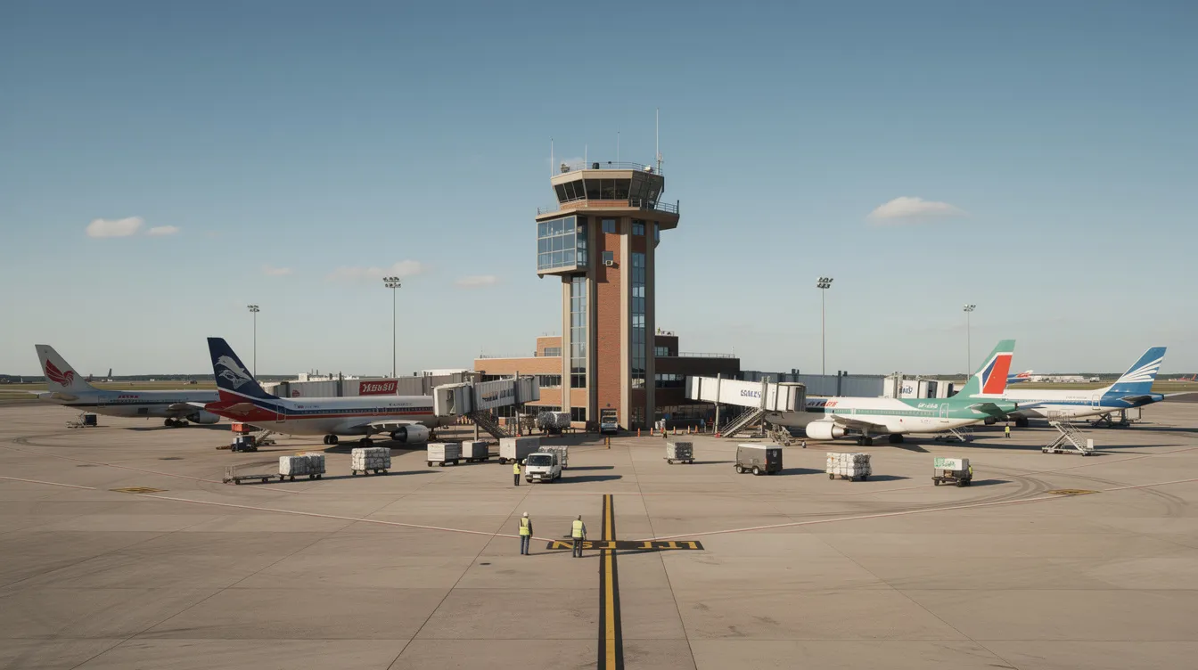 The image depicts a historical airport control tower, prominently standing amidst several parked commercial aircraft, showcasing a moment in aviation history. This scene reflects the essence of air travel, with the control tower symbolizing the coordination and safety measures essential for managing aircraft operations.
