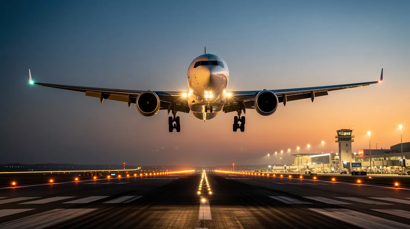 A commercial airplane is approaching a runway for landing, with bright airport lights illuminating the scene. The image captures the precision of air travel as the aircraft descends, showcasing the critical moments of flight operations.