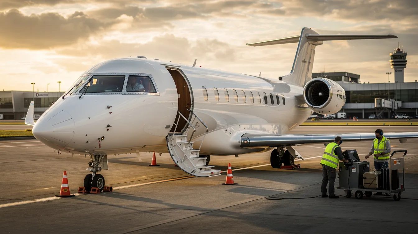 A sleek midsize business jet is parked on the tarmac, with ground crew members preparing it for departure, ensuring all safety measures are in place before takeoff. This scene highlights the importance of aviation safety and the meticulous work of air traffic controllers and ground staff in maintaining operational readiness for private aircraft.