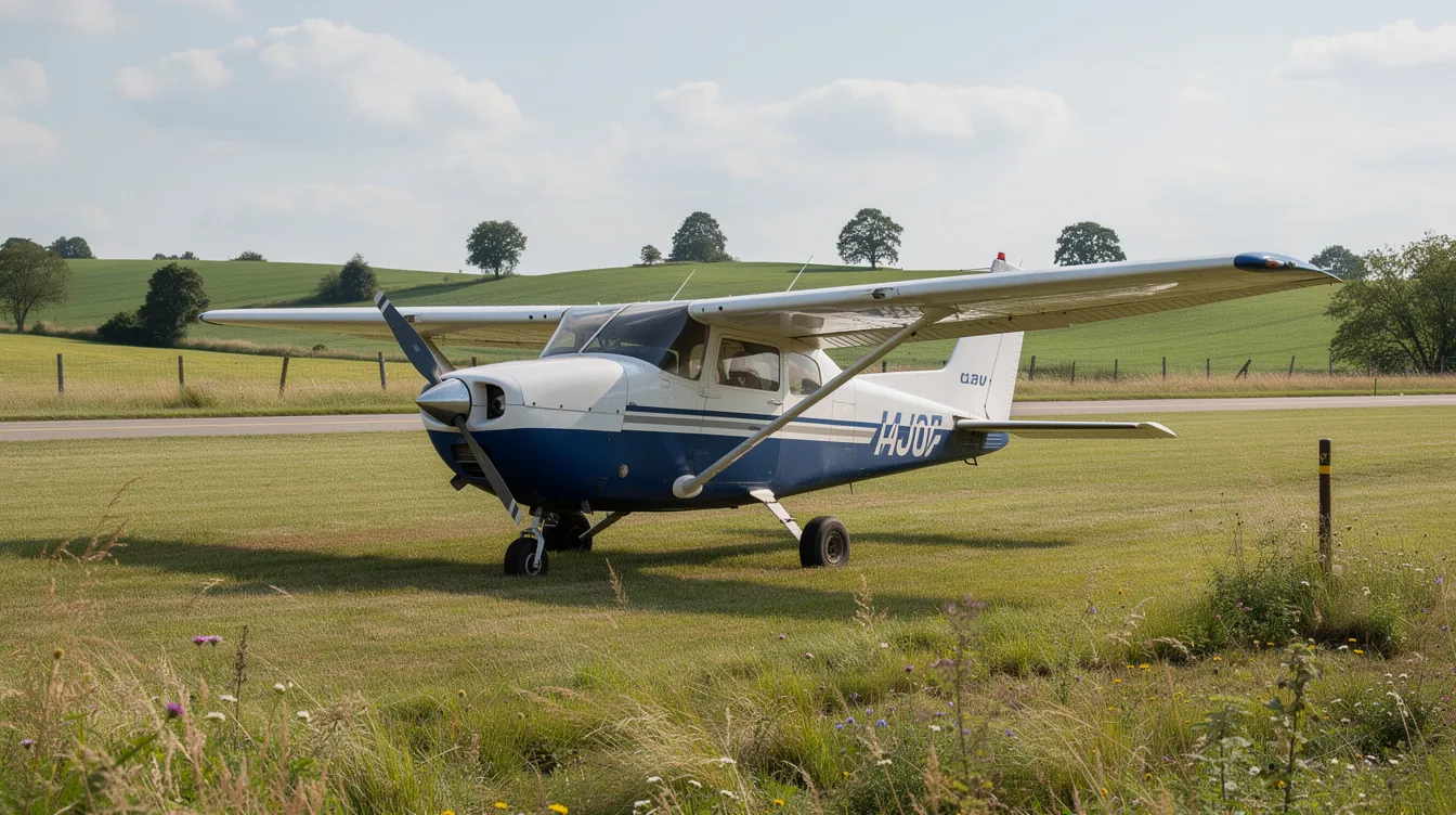 A small single-engine Cessna aircraft is parked on a grassy airstrip surrounded by rural countryside, highlighting the serene environment typical for private aircraft operations. This scene contrasts with the serious safety concerns that can arise in aviation, such as engine failure or emergencies during flight.
