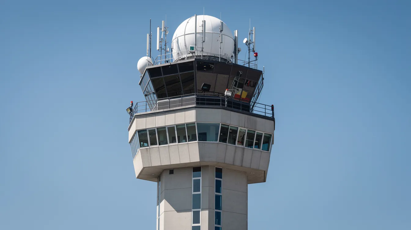 The image depicts an air traffic control tower equipped with radar equipment at its peak, set against a clear blue sky, symbolizing the vital role of air traffic controllers in ensuring aviation safety and managing air traffic effectively. The tower stands as a crucial structure in preventing incidents such as mid-air collisions and facilitating safe landings.