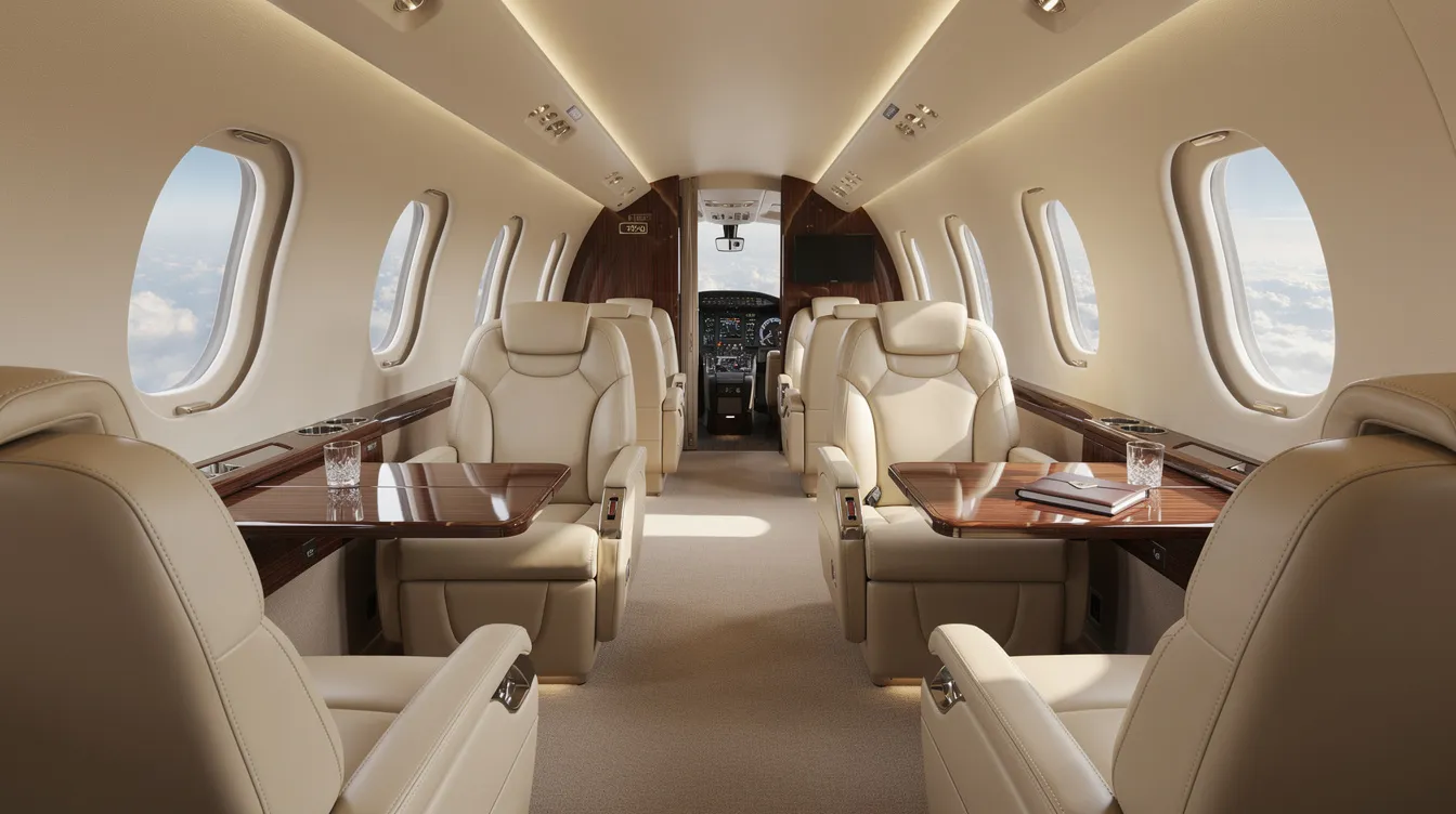 The image depicts the luxurious interior of a large private jet cabin, featuring wide leather seats and elegant wood-finish tables, designed for passenger comfort and spaciousness. This VIP aircraft offers a sophisticated ambiance, ideal for modern travelers seeking a premium flying experience.